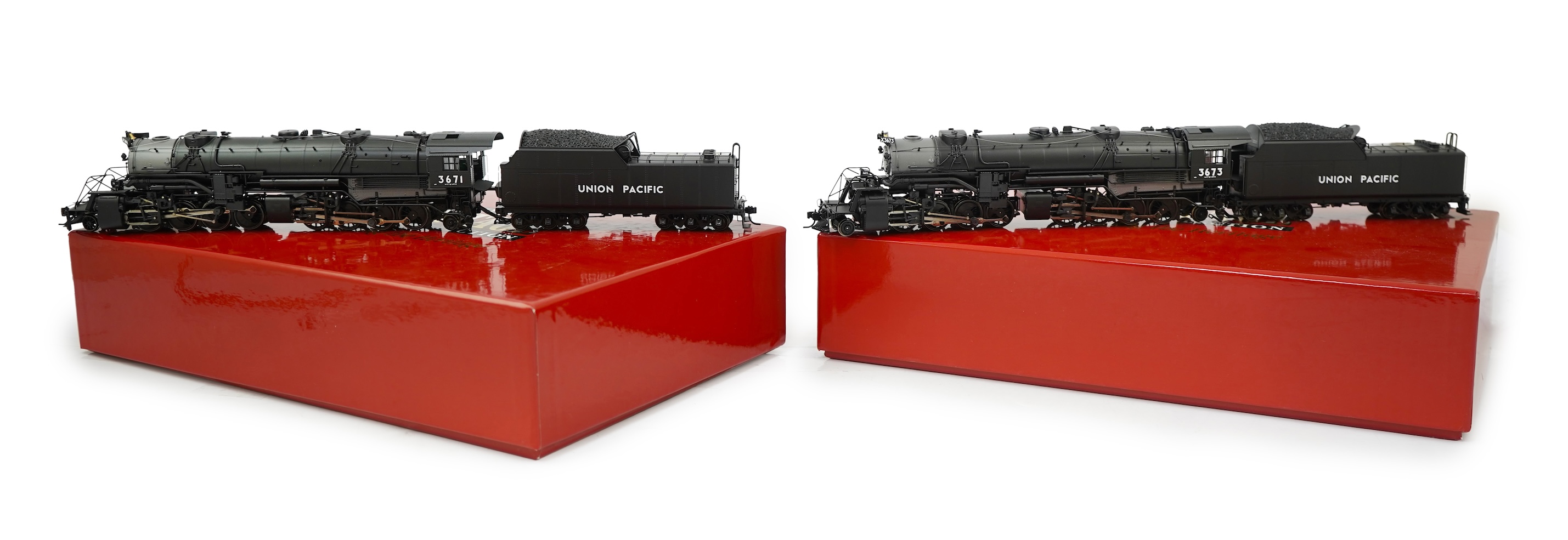 Two boxed HO gauge Proto 2000 Heritage Union Pacific locomotives; (23342) model of 3671, 2-8-8-2 tender locomotive, and (23343) model of 3673, 2-8-8-2 tender locomotive, both powered for two rail operation.